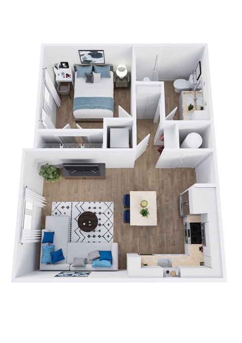 a 3d rendering of our 1 bedroom apartment at princeton court apartments in dallas